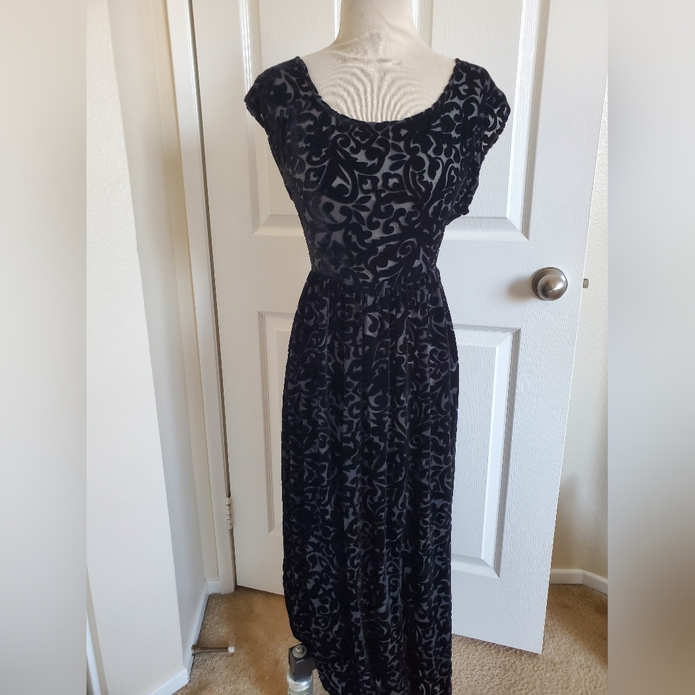 Vintage Black Silk Velvet Burnout Patterned Dress Womens Large